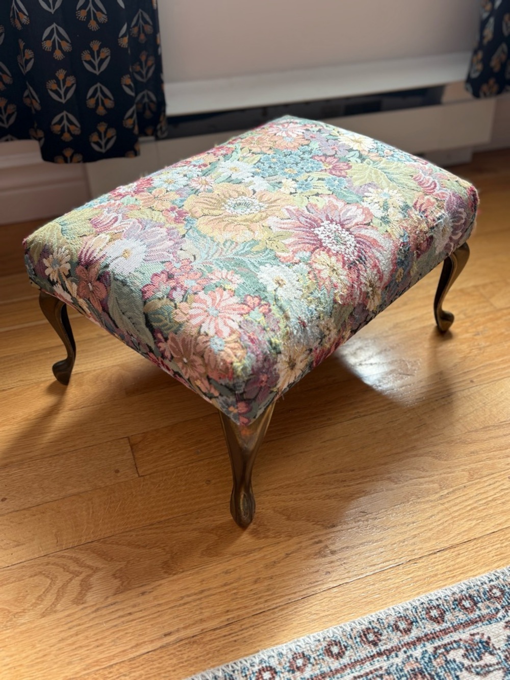Vintage Upholstered Floral Accent Footstool with Brass Metal Legs